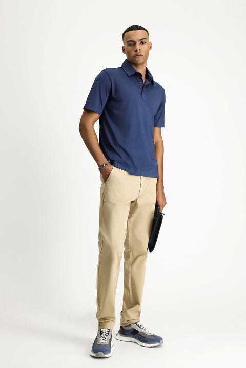 Medium Navy Melange Polo Collar Regular Fit Patterned Cotton T-shirt