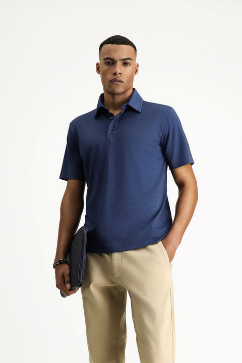 Medium Navy Melange Polo Collar Regular Fit Patterned Cotton T-shirt
