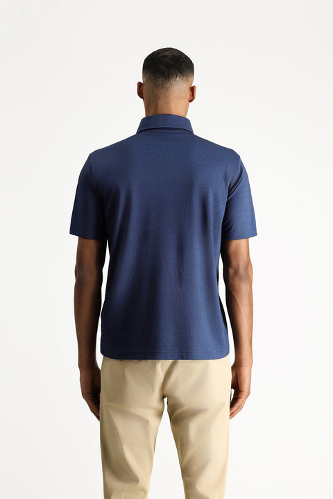 Medium Navy Melange Polo Collar Regular Fit Patterned Cotton T-shirt