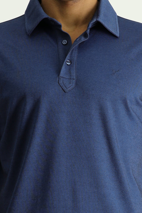 Medium Navy Melange Polo Collar Regular Fit Patterned Cotton T-shirt