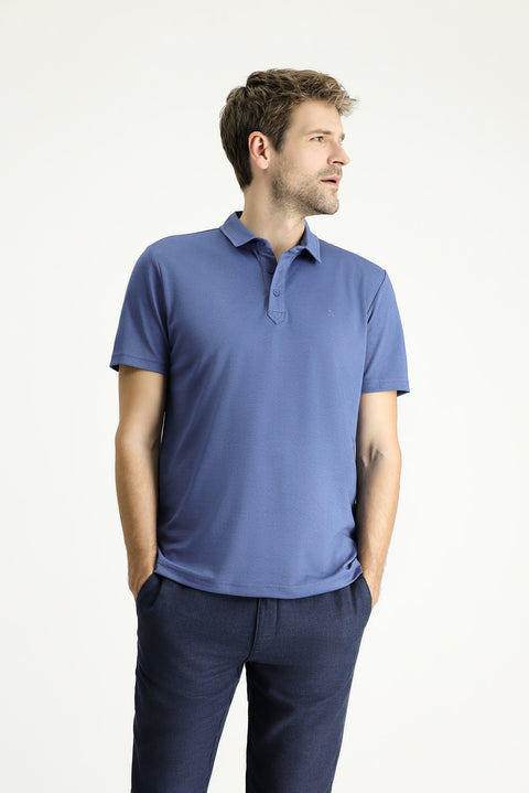 Dark Blue Polo Collar Regular Fit Patterned Cotton T-shirt