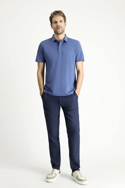 Dark Blue Polo Collar Regular Fit Patterned Cotton T-shirt