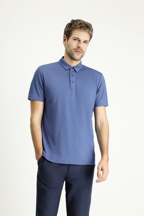 Dark Blue Polo Collar Regular Fit Patterned Cotton T-shirt