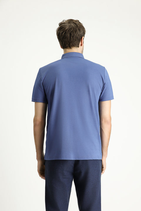 Dark Blue Polo Collar Regular Fit Patterned Cotton T-shirt