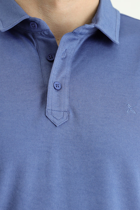Dark Blue Polo Collar Regular Fit Patterned Cotton T-shirt