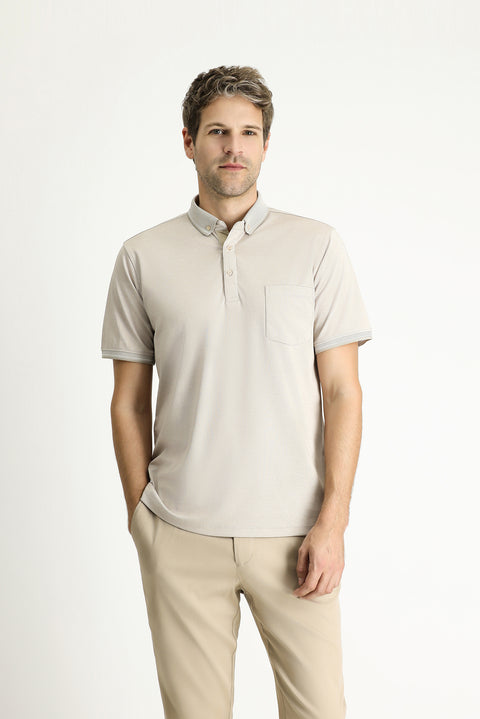 Medium Beige Polo Collar Regular Fit Cotton T-shirt
