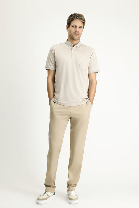 Medium Beige Polo Collar Regular Fit Cotton T-shirt