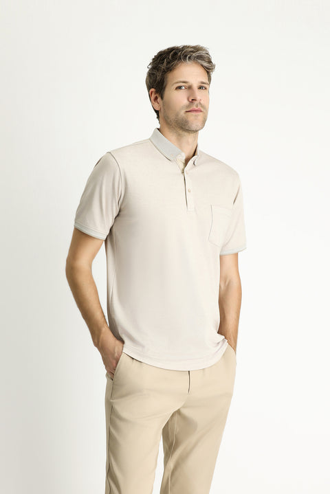 Medium Beige Polo Collar Regular Fit Cotton T-shirt