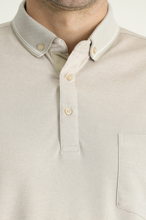 Medium Beige Polo Collar Regular Fit Cotton T-shirt