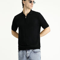 Black Polo Collar Regular Fit Zip-Up Patterned Cotton T-Shirt