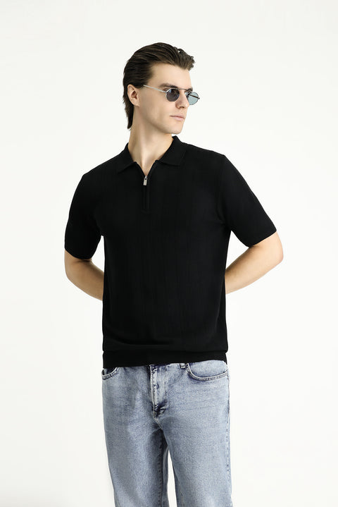 Black Polo Collar Regular Fit Zip-Up Patterned Cotton T-Shirt