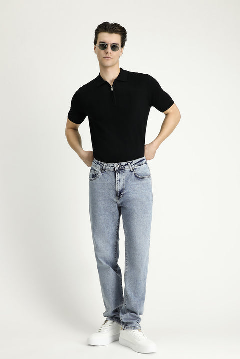 Black Polo Collar Regular Fit Zip-Up Patterned Cotton T-Shirt