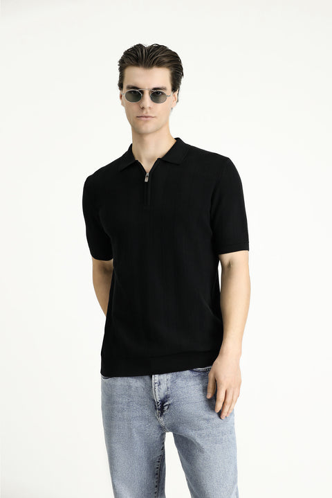 Black Polo Collar Regular Fit Zip-Up Patterned Cotton T-Shirt