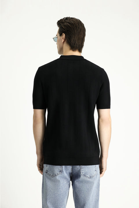 Black Polo Collar Regular Fit Zip-Up Patterned Cotton T-Shirt