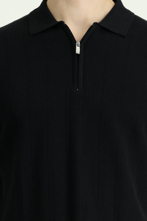 Black Polo Collar Regular Fit Zip-Up Patterned Cotton T-Shirt