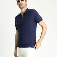 Black and Navy Polo Collar Regular Fit Zip-Up Patterned Cotton T-Shirt