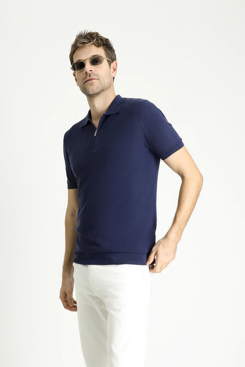 Black and Navy Polo Collar Regular Fit Zip-Up Patterned Cotton T-Shirt