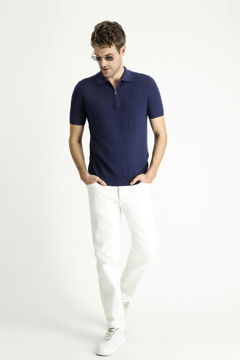 Black and Navy Polo Collar Regular Fit Zip-Up Patterned Cotton T-Shirt