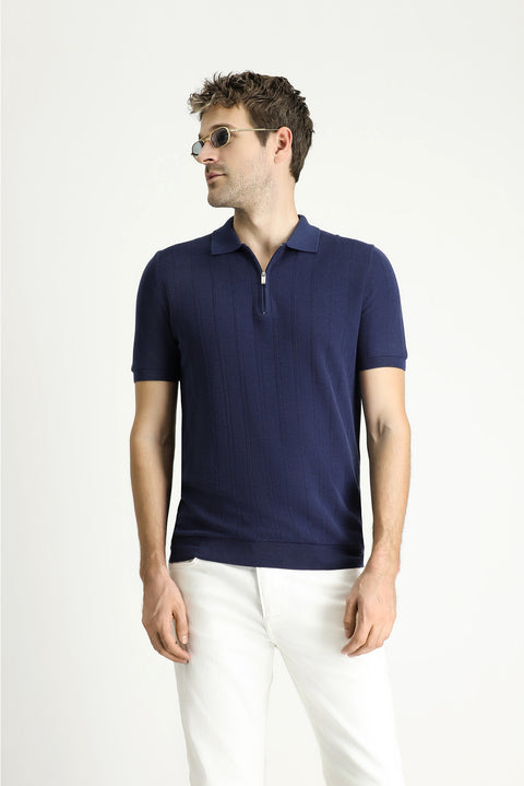 Black and Navy Polo Collar Regular Fit Zip-Up Patterned Cotton T-Shirt