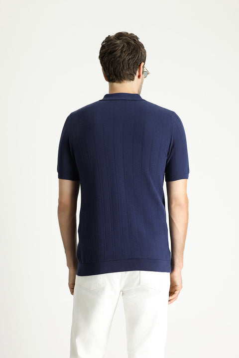 Black and Navy Polo Collar Regular Fit Zip-Up Patterned Cotton T-Shirt