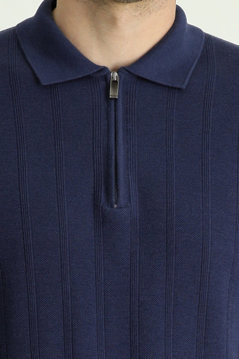 Black and Navy Polo Collar Regular Fit Zip-Up Patterned Cotton T-Shirt