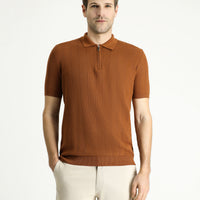 Light Brown Polo Collar Regular Fit Zip-Up Patterned Cotton T-Shirt