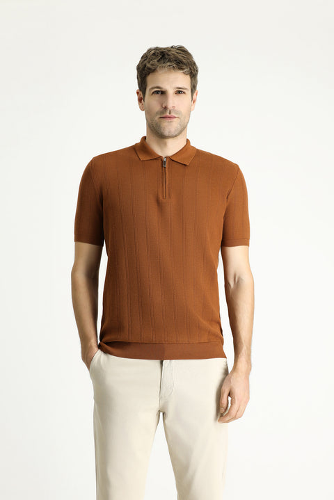 Light Brown Polo Collar Regular Fit Zip-Up Patterned Cotton T-Shirt