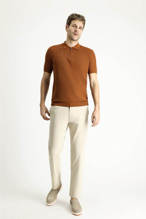 Light Brown Polo Collar Regular Fit Zip-Up Patterned Cotton T-Shirt
