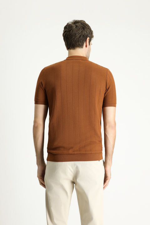 Light Brown Polo Collar Regular Fit Zip-Up Patterned Cotton T-Shirt