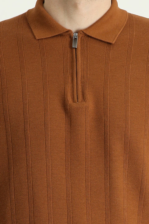 Light Brown Polo Collar Regular Fit Zip-Up Patterned Cotton T-Shirt