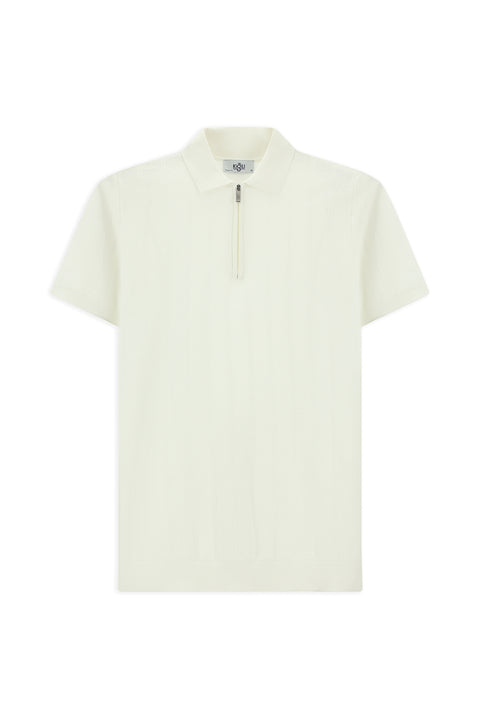 Off-White Polo Collar Regular Fit Zip-Up Patterned Cotton T-Shirt
