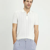 Off-White Polo Collar Regular Fit Zip-Up Patterned Cotton T-Shirt