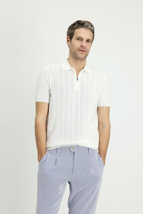 Off-White Polo Collar Regular Fit Zip-Up Patterned Cotton T-Shirt
