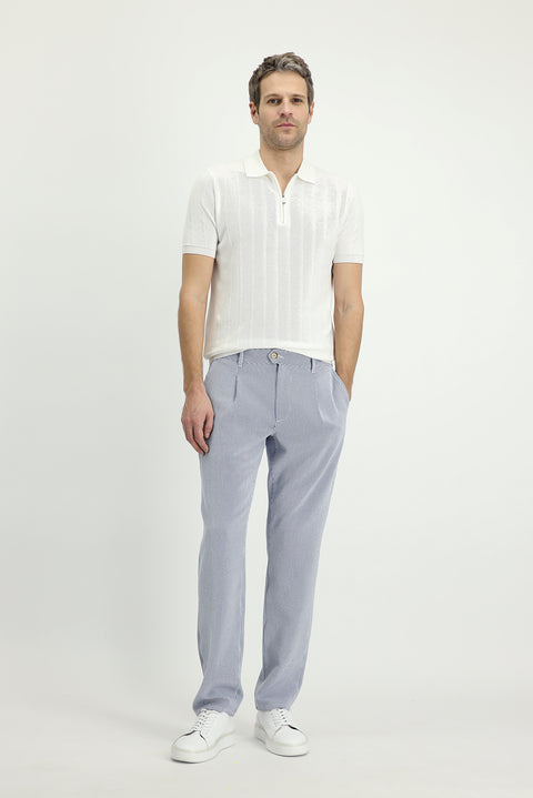 Off-White Polo Collar Regular Fit Zip-Up Patterned Cotton T-Shirt