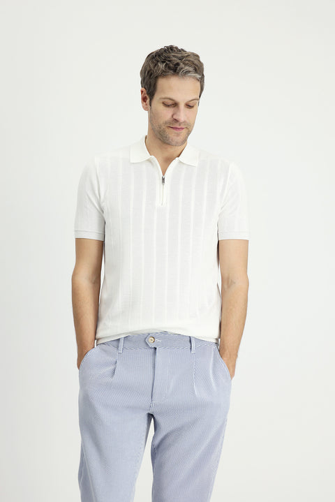 Off-White Polo Collar Regular Fit Zip-Up Patterned Cotton T-Shirt