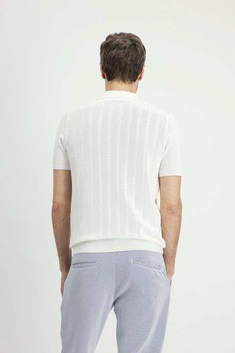 Off-White Polo Collar Regular Fit Zip-Up Patterned Cotton T-Shirt