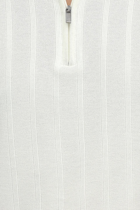 Off-White Polo Collar Regular Fit Zip-Up Patterned Cotton T-Shirt