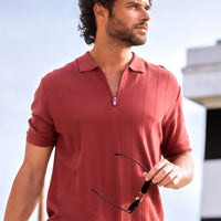 Rose Pink Polo Collar Regular Fit Zip-Up Patterned Cotton T-Shirt