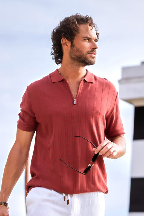 Rose Pink Polo Collar Regular Fit Zip-Up Patterned Cotton T-Shirt