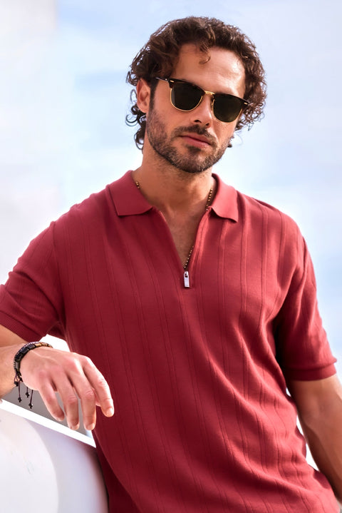Rose Pink Polo Collar Regular Fit Zip-Up Patterned Cotton T-Shirt