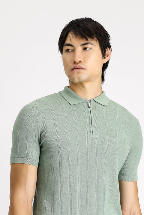 Çağla Yeşili Polo Yaka Regular Fit Fermuarlı Desenli Pamuklu Tişört