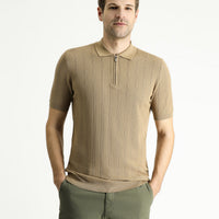 Medium Mink Polo Collar Regular Fit Zip-Up Patterned Cotton T-Shirt