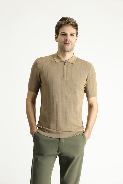 Medium Mink Polo Collar Regular Fit Zip-Up Patterned Cotton T-Shirt