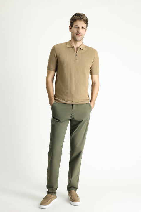 Medium Mink Polo Collar Regular Fit Zip-Up Patterned Cotton T-Shirt