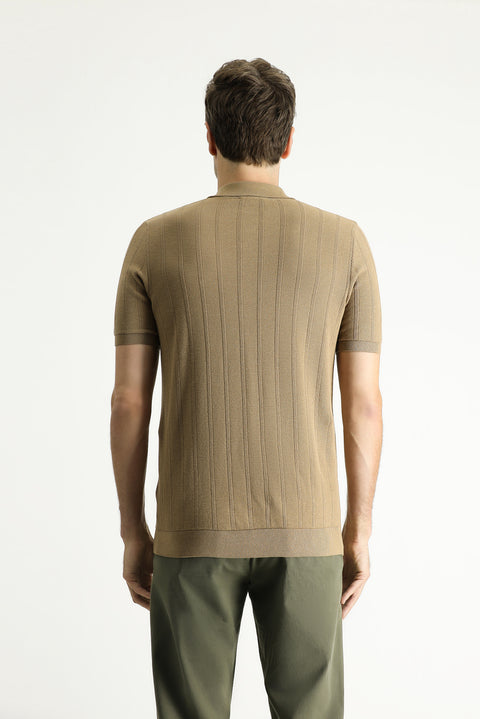 Medium Mink Polo Collar Regular Fit Zip-Up Patterned Cotton T-Shirt