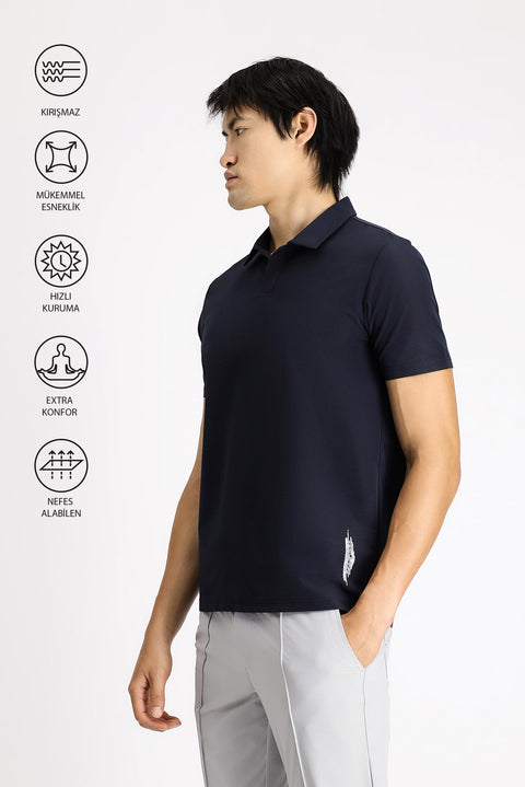 Dark Navy Techno-Line Polo Collar Regular Fit Printed T-shirt
