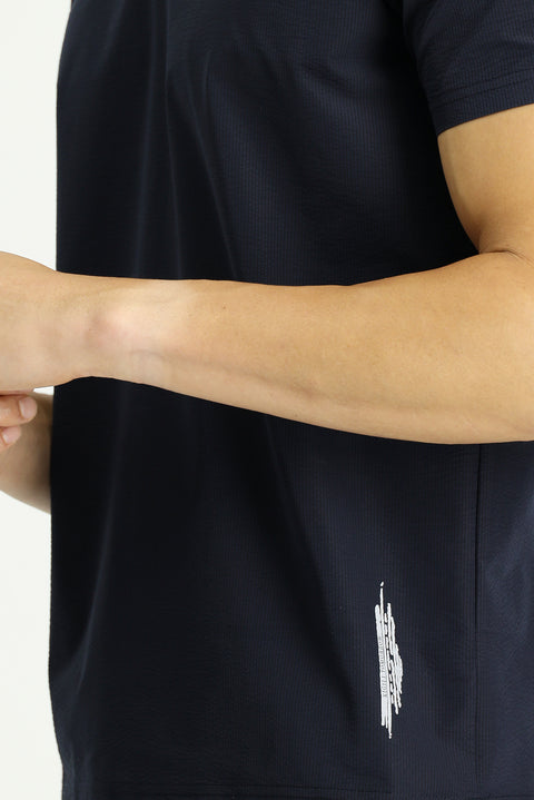 Dark Navy Techno-Line Polo Collar Regular Fit Printed T-shirt