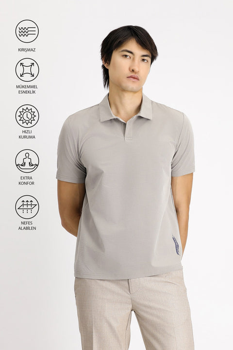 Light Mink Techno-Line Polo Collar Regular Fit Printed T-Shirt
