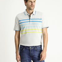 Light Grey Melange Polo Collar Regular Fit Patterned Cotton T-shirt