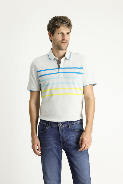 Light Grey Melange Polo Collar Regular Fit Patterned Cotton T-shirt
